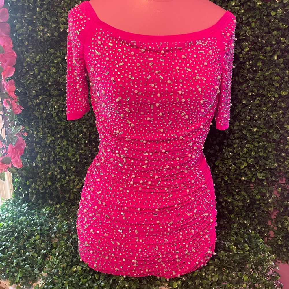 Hot Miami Styles Rhinestone/Pearl pink dress